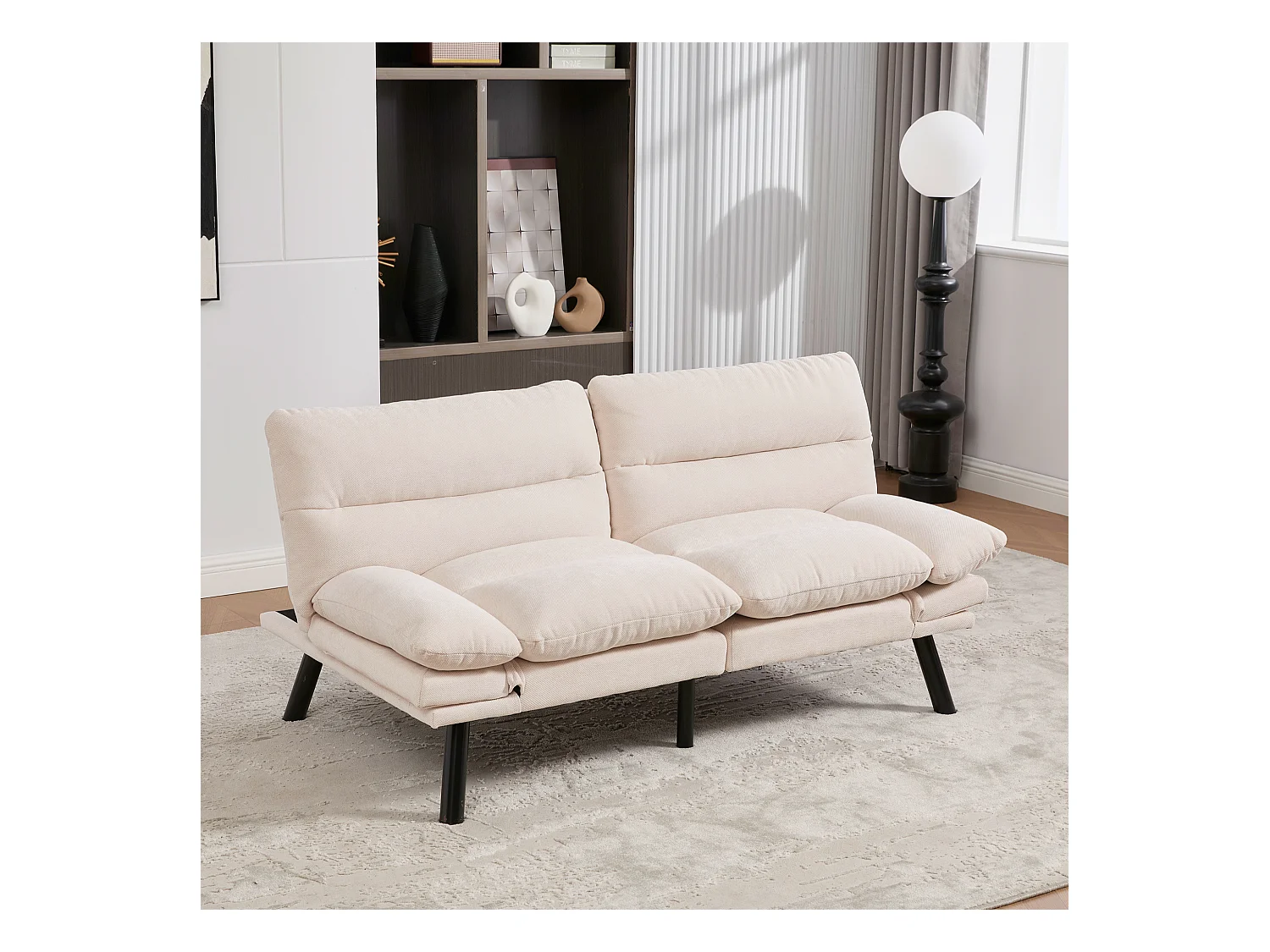 Canapé convertible 2 places - 165 x 90 x 76 cm - avec dossier et accoudoirs réglables - Microfibre - beige