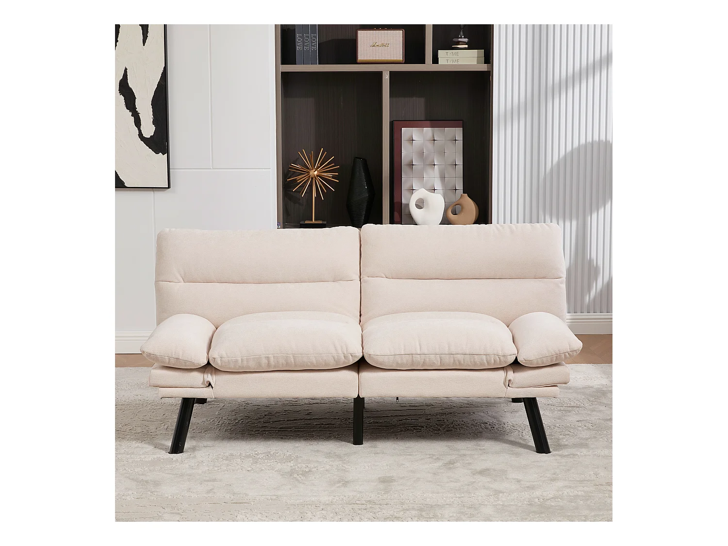 Canapé convertible 2 places - 165 x 90 x 76 cm - avec dossier et accoudoirs réglables - Microfibre - beige