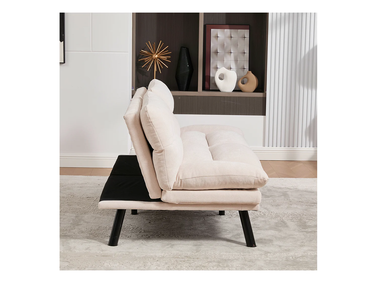 Canapé convertible 2 places - 165 x 90 x 76 cm - avec dossier et accoudoirs réglables - Microfibre - beige