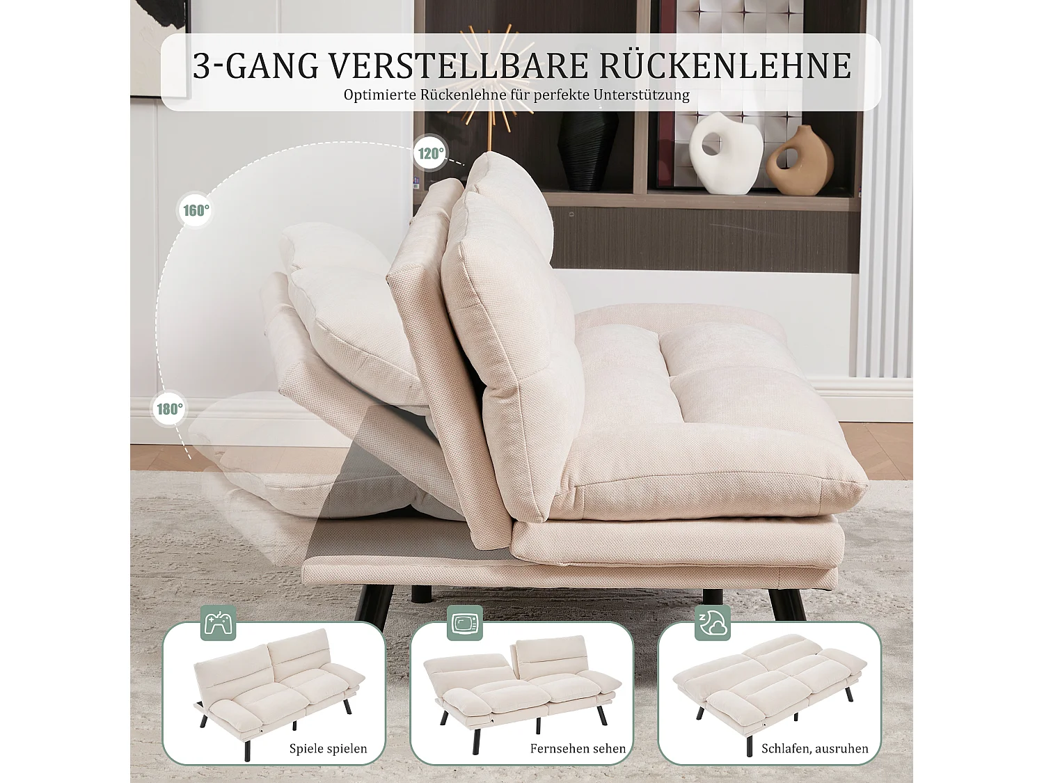 Divano letto 2 posti - 165 x 90 x 76 cm - con schienale e braccioli regolabili - Microfibra - beige