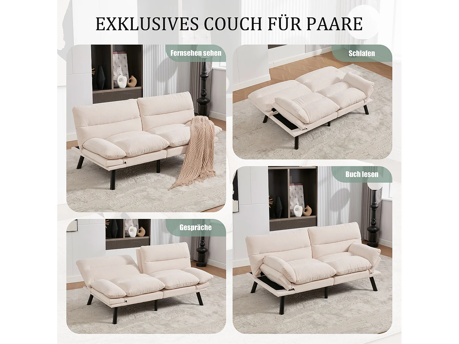 Divano letto 2 posti - 165 x 90 x 76 cm - con schienale e braccioli regolabili - Microfibra - beige