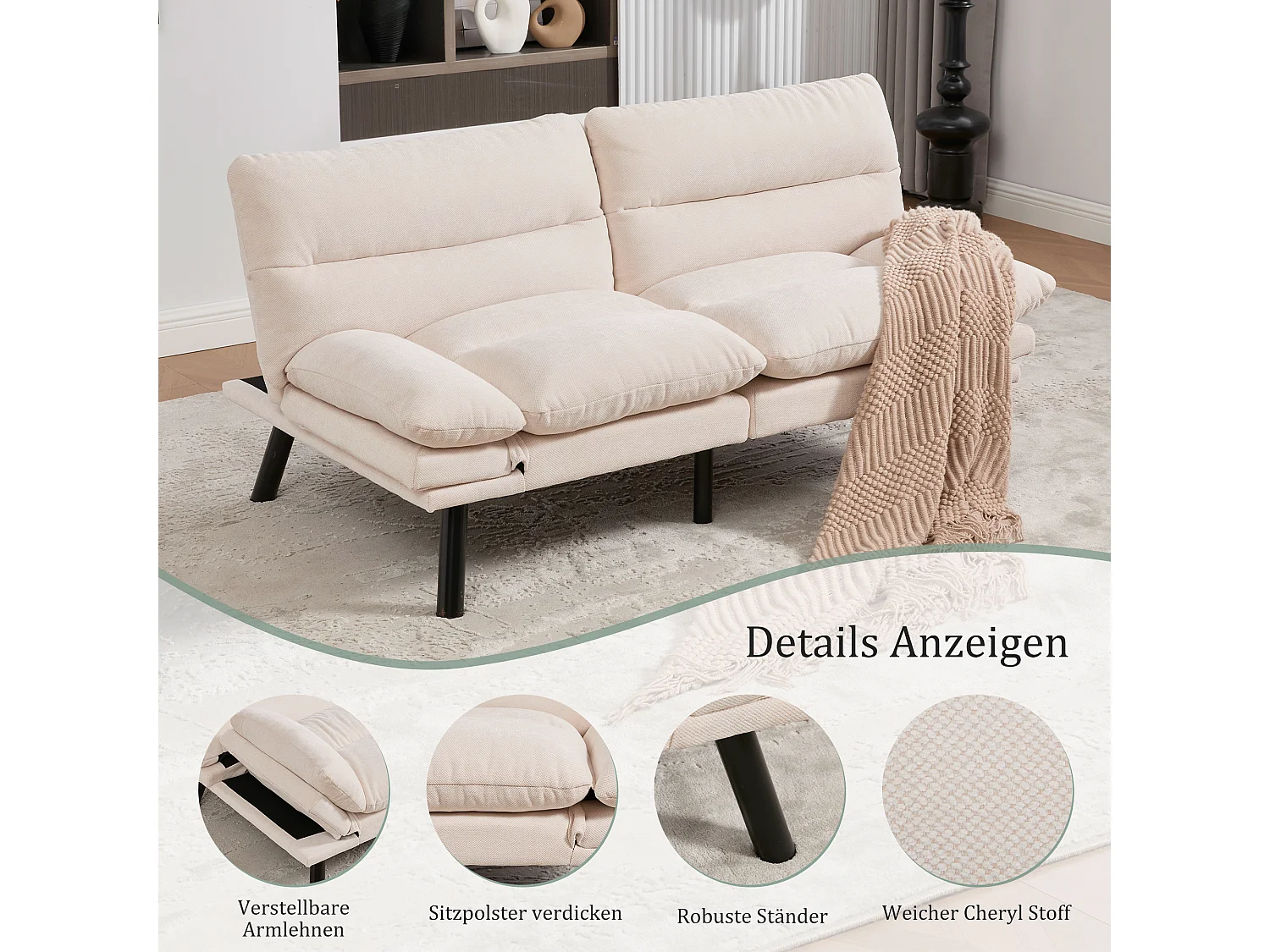 Divano letto 2 posti - 165 x 90 x 76 cm - con schienale e braccioli regolabili - Microfibra - beige
