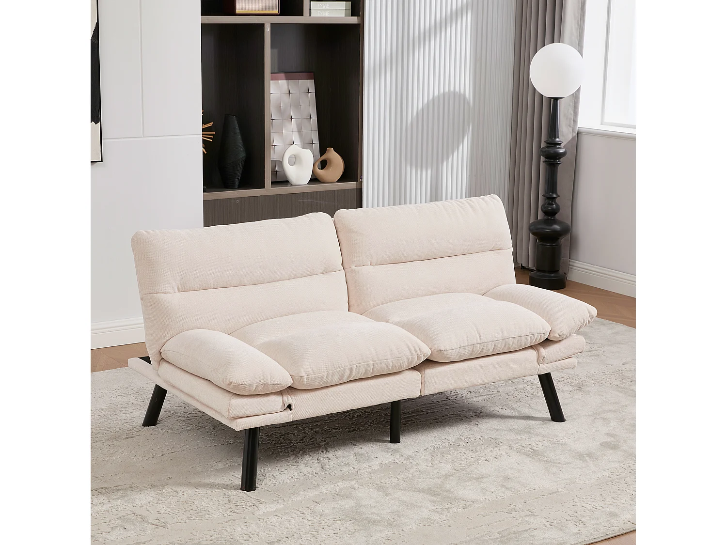 Divano letto 2 posti - 165 x 90 x 76 cm - con schienale e braccioli regolabili - Microfibra - beige