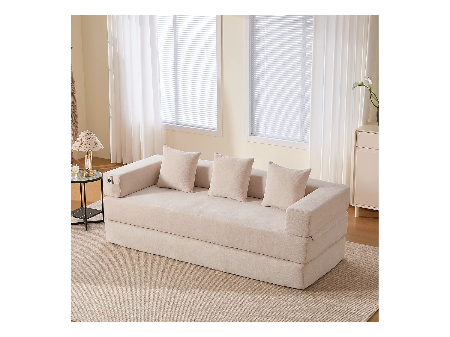 Canapé modulable à volonté - 198 x 79 x 60 cm - convertible - avec poches latérales - chenille - beige