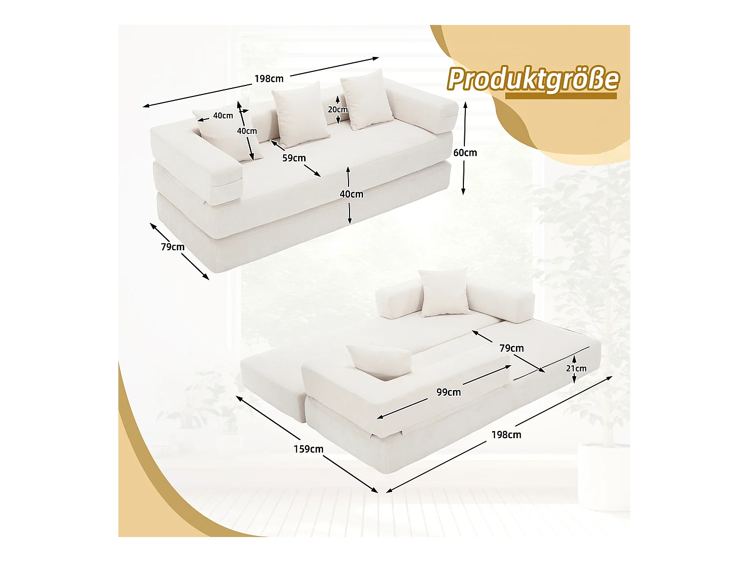 Canapé modulable à volonté - 198 x 79 x 60 cm - convertible - avec poches latérales - chenille - beige