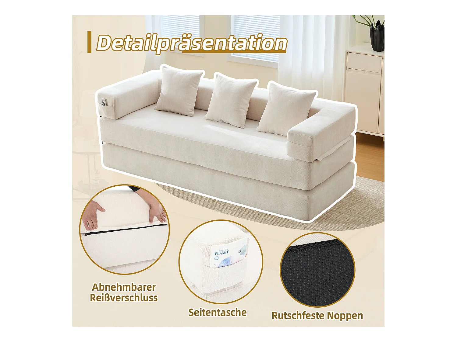 Canapé modulable à volonté - 198 x 79 x 60 cm - convertible - avec poches latérales - chenille - beige