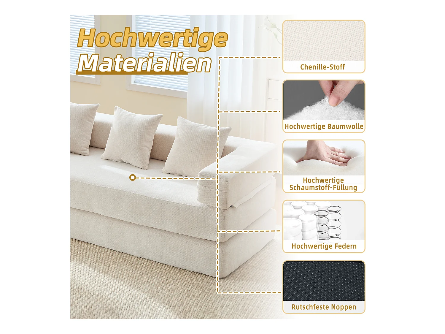 Canapé modulable à volonté - 198 x 79 x 60 cm - convertible - avec poches latérales - chenille - beige