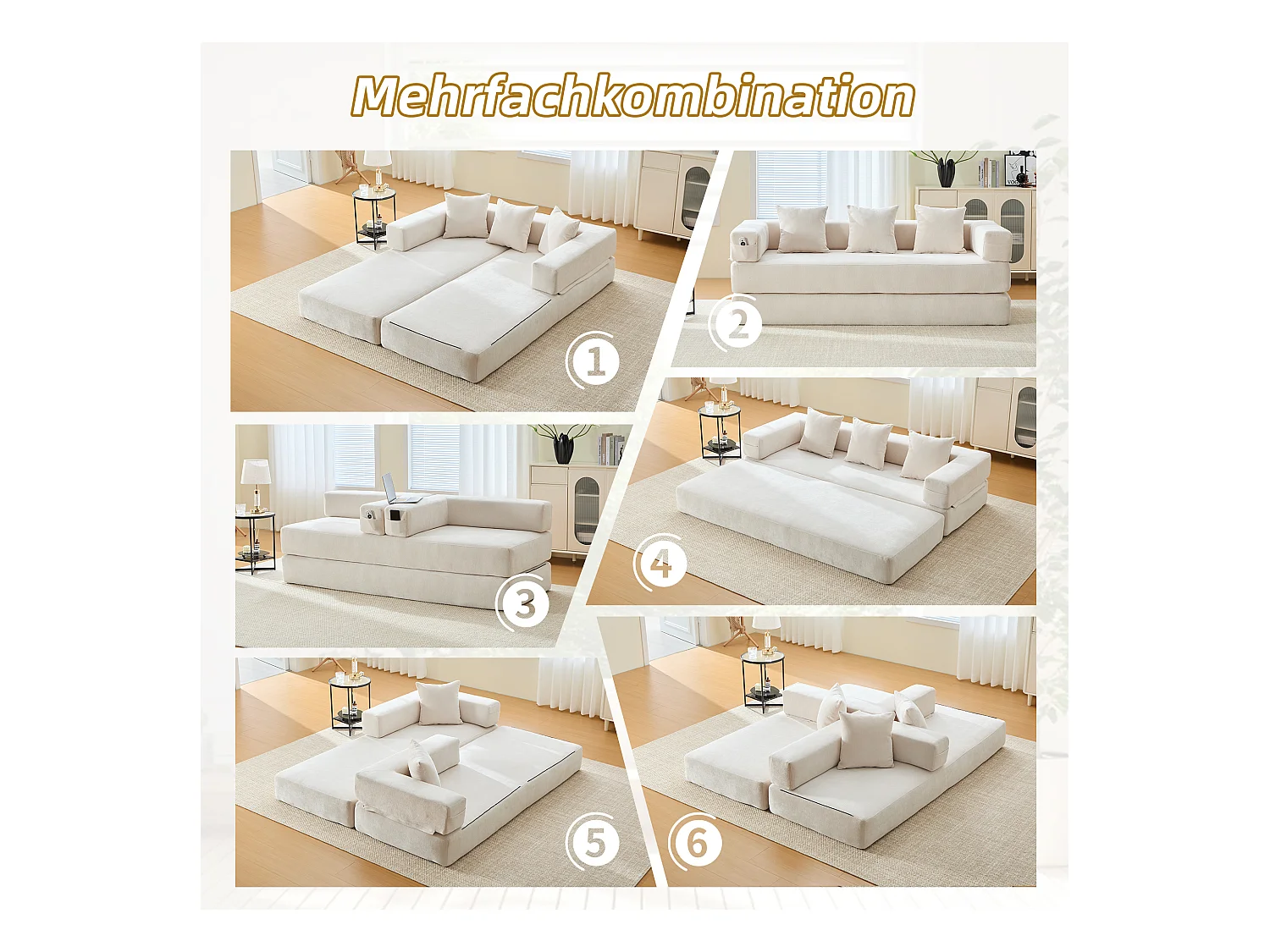 Canapé modulable à volonté - 198 x 79 x 60 cm - convertible - avec poches latérales - chenille - beige