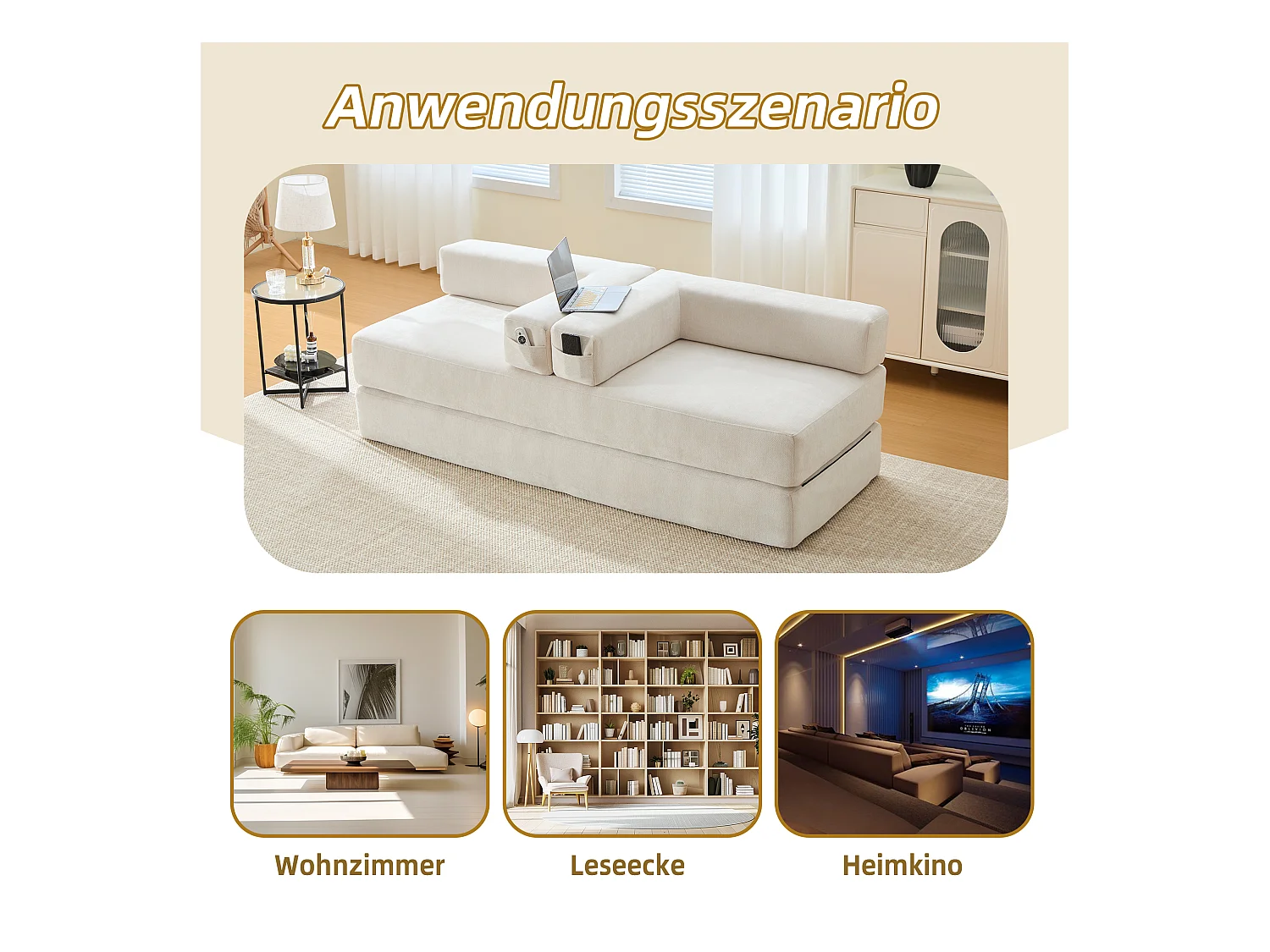 Canapé modulable à volonté - 198 x 79 x 60 cm - convertible - avec poches latérales - chenille - beige