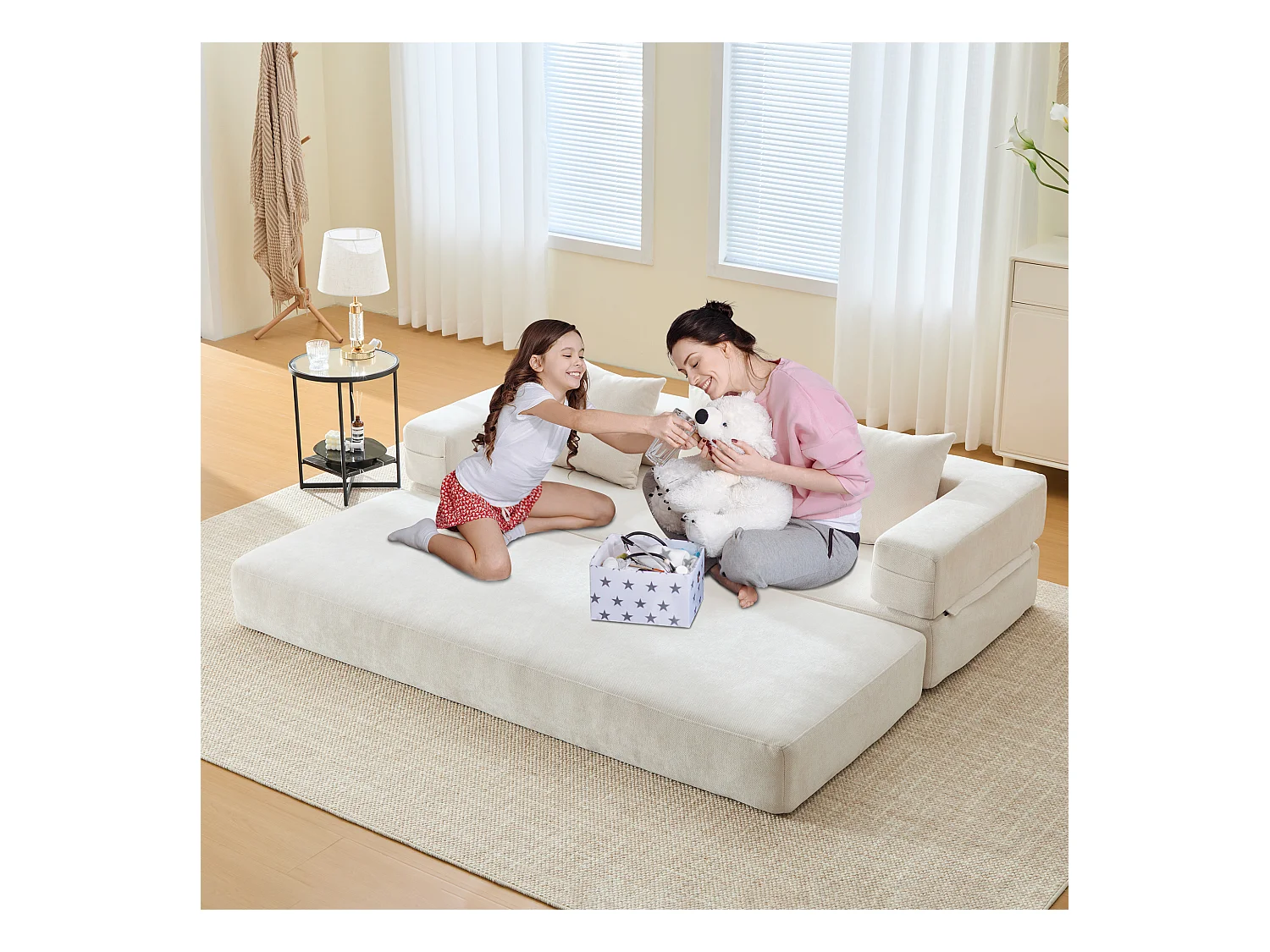 Canapé modulable à volonté - 198 x 79 x 60 cm - convertible - avec poches latérales - chenille - beige