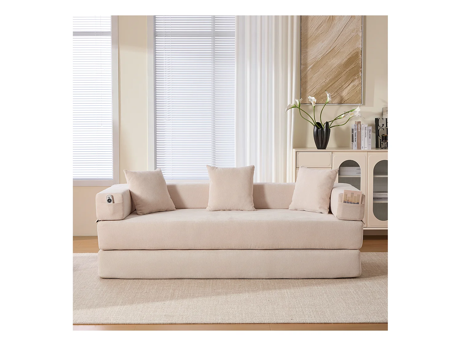 Canapé modulable à volonté - 198 x 79 x 60 cm - convertible - avec poches latérales - chenille - beige