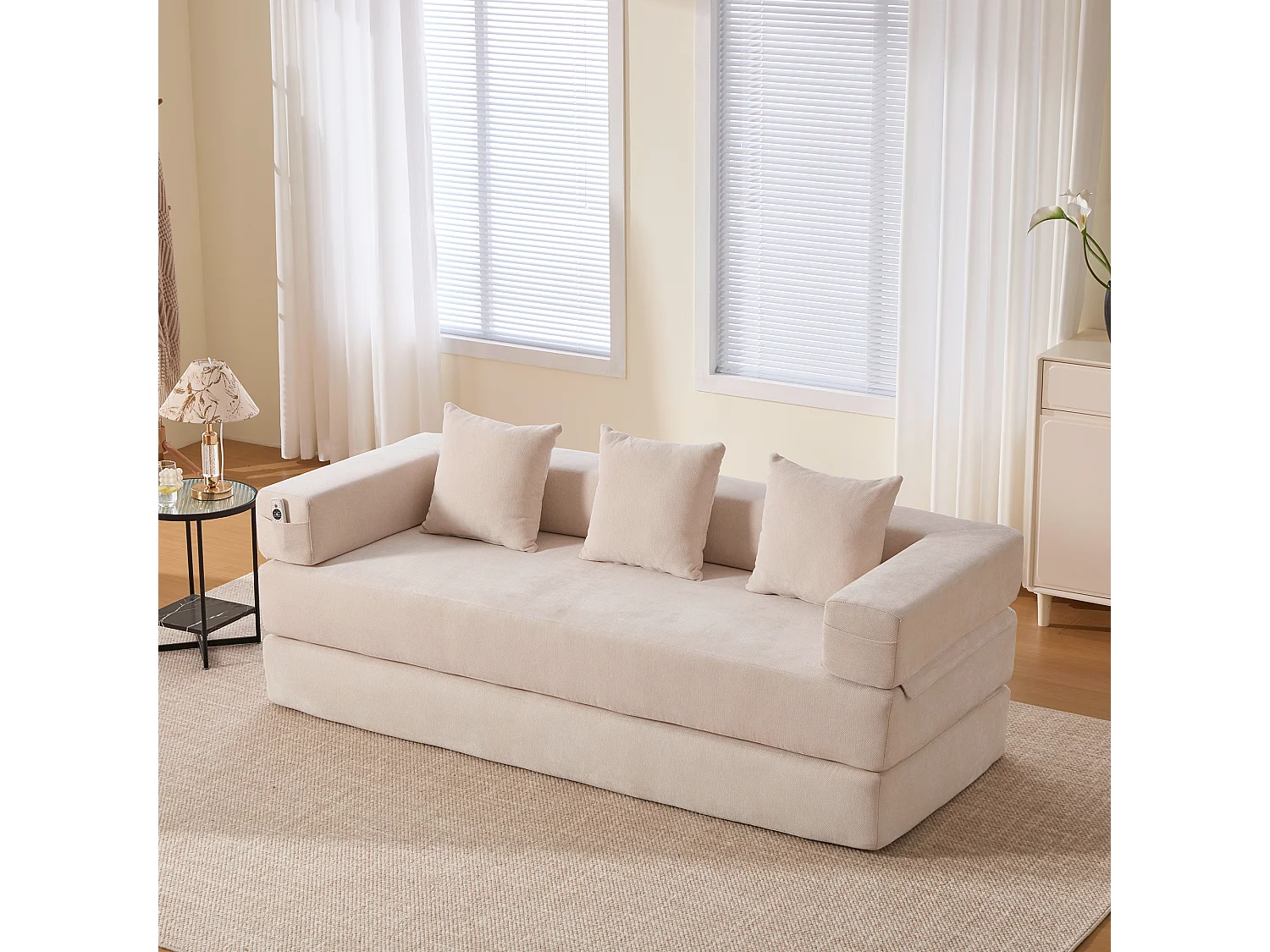 Modulares Sofa - 198 x 79 x 60 cm - umbaubar - mit Seitentaschen - Chenille - beige