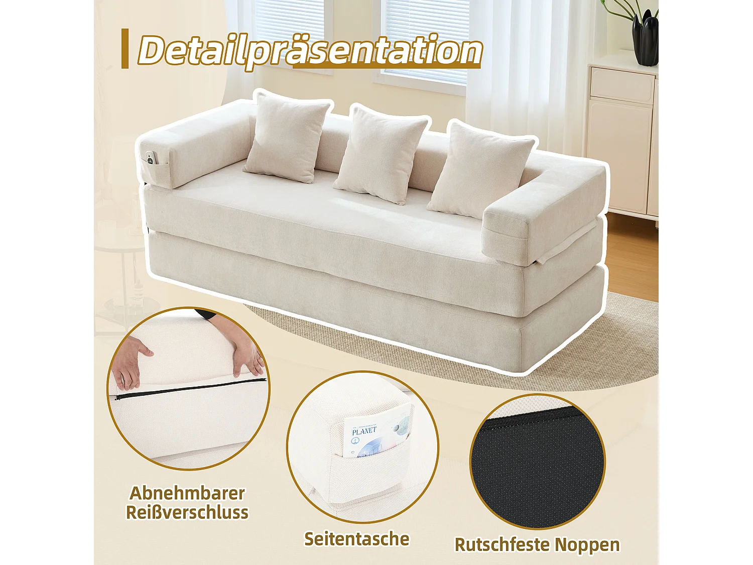 Modulares Sofa - 198 x 79 x 60 cm - umbaubar - mit Seitentaschen - Chenille - beige