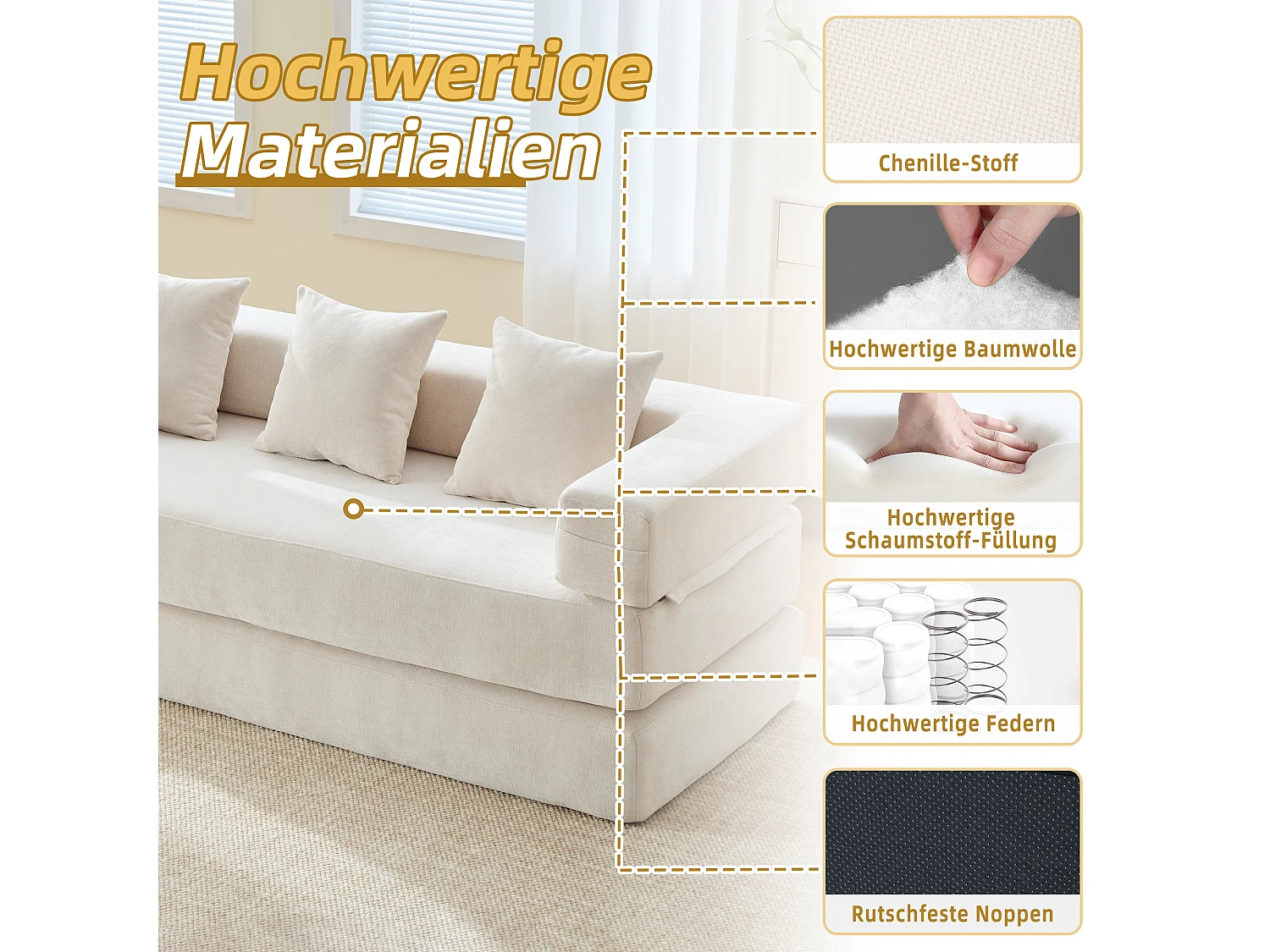 Modulares Sofa - 198 x 79 x 60 cm - umbaubar - mit Seitentaschen - Chenille - beige