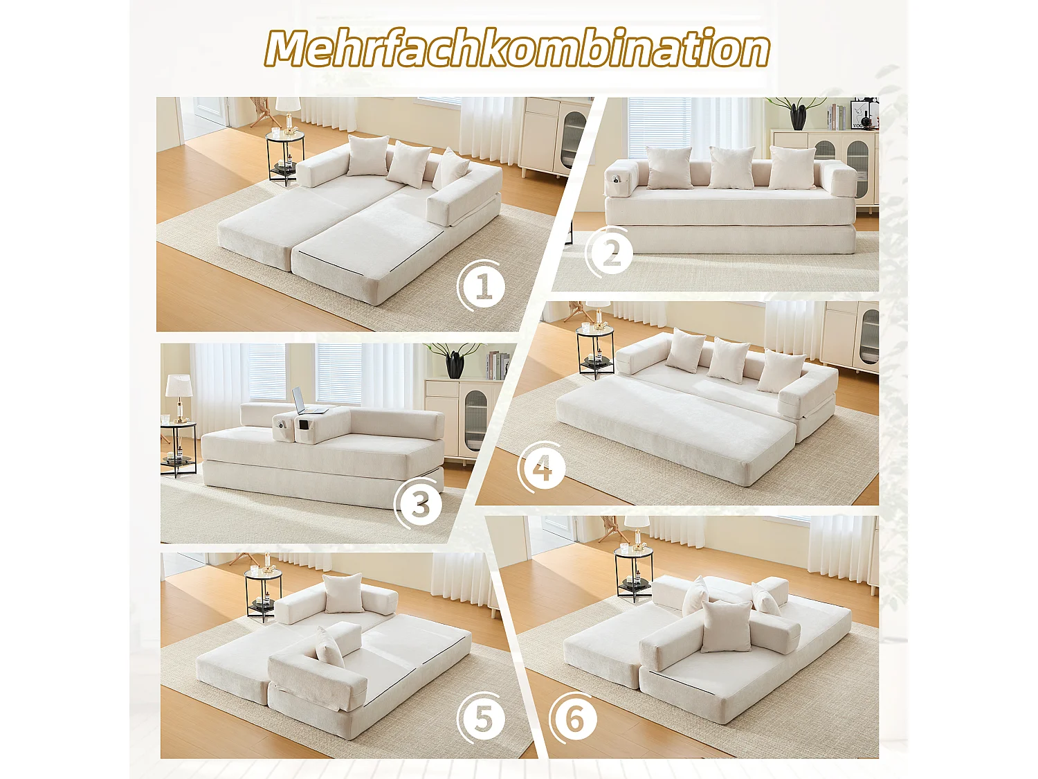 Modulares Sofa - 198 x 79 x 60 cm - umbaubar - mit Seitentaschen - Chenille - beige