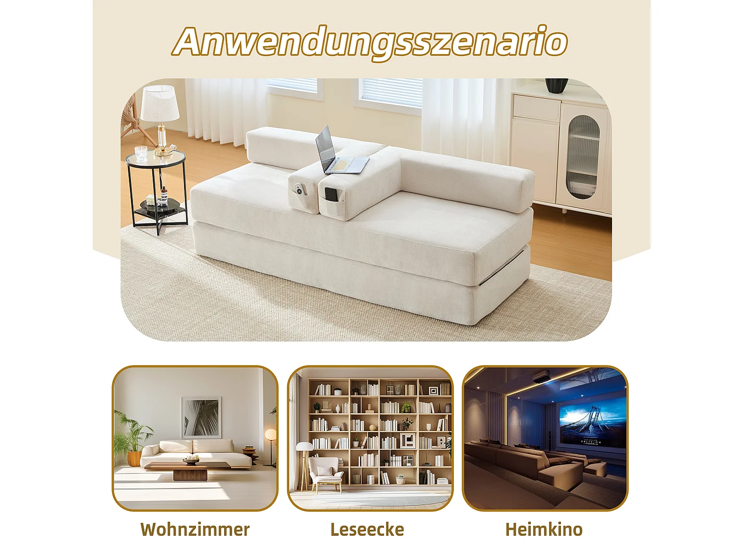 Modulares Sofa - 198 x 79 x 60 cm - umbaubar - mit Seitentaschen - Chenille - beige