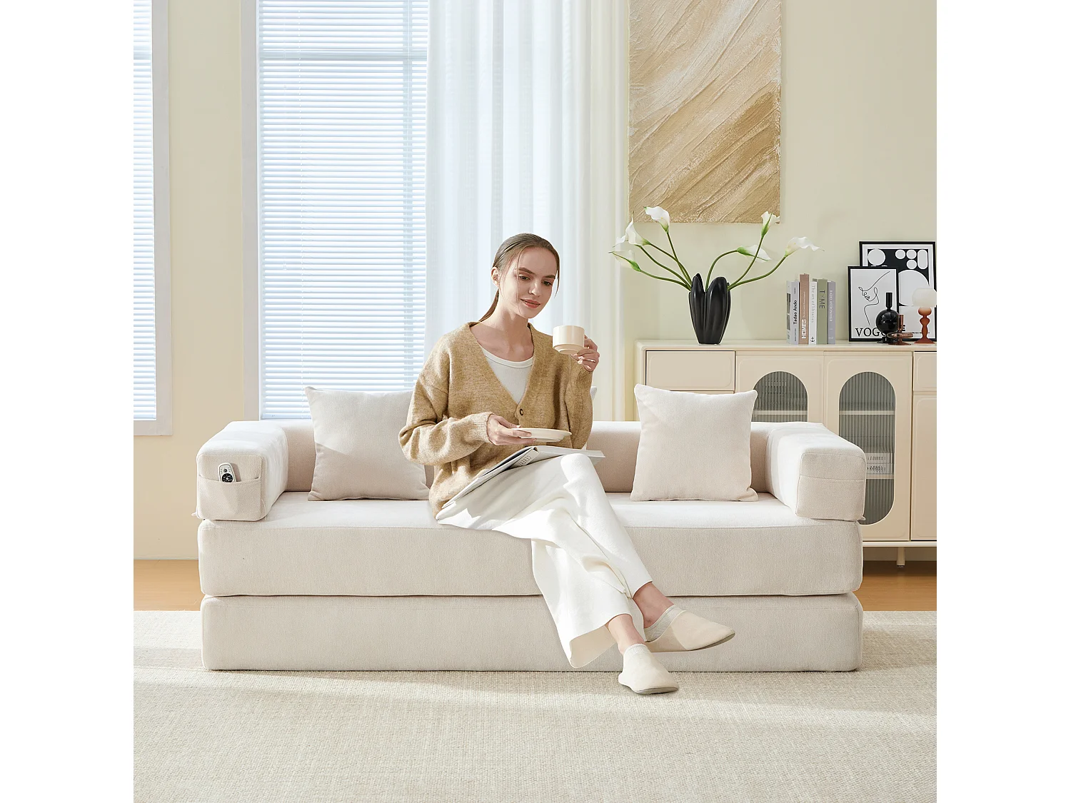 Modulares Sofa - 198 x 79 x 60 cm - umbaubar - mit Seitentaschen - Chenille - beige