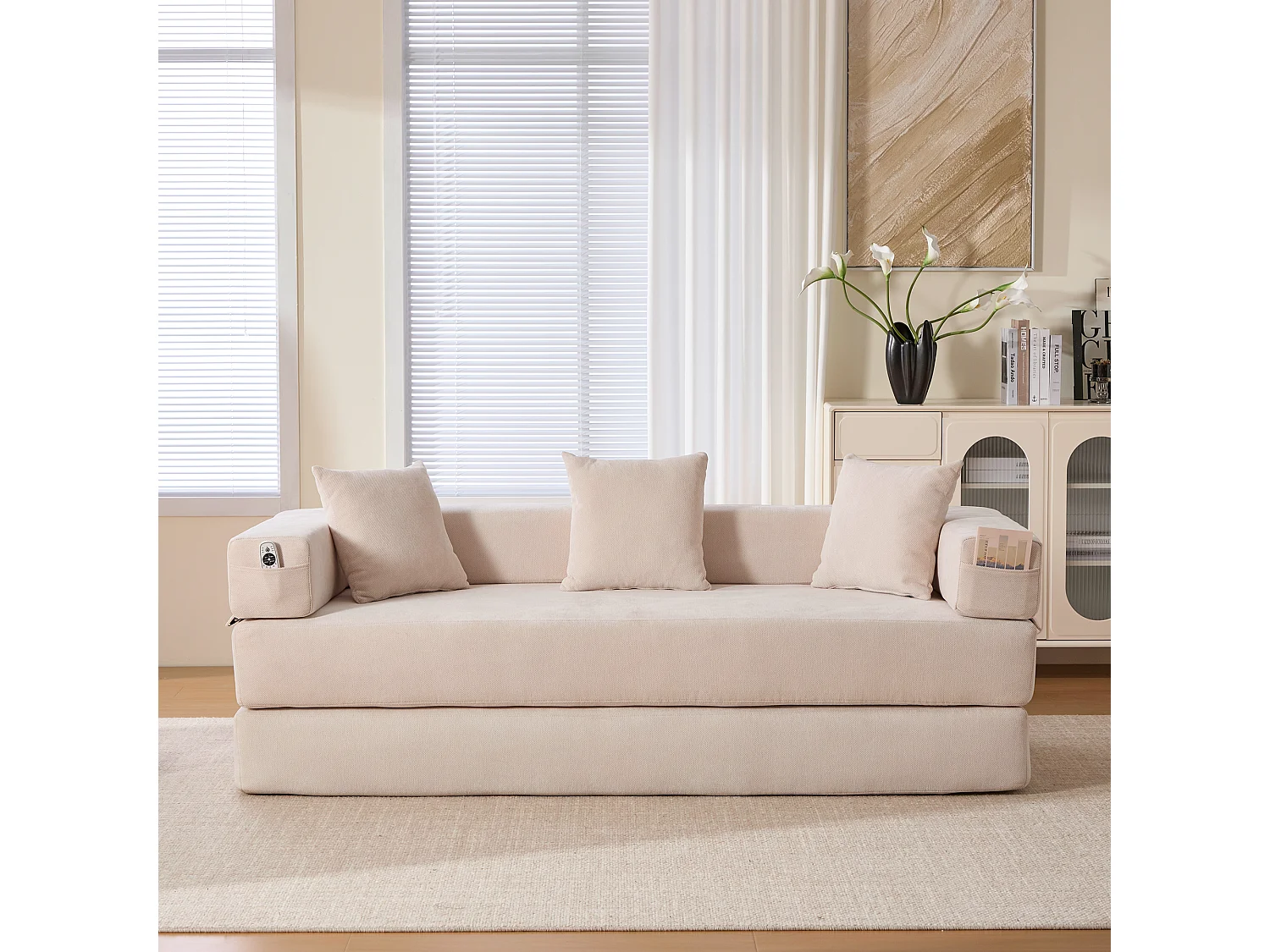 Modulares Sofa - 198 x 79 x 60 cm - umbaubar - mit Seitentaschen - Chenille - beige