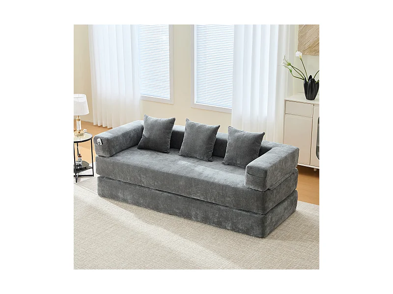 Modulares Sofa - 198 x 79 x 60 cm - umbaubar - mit Seitentaschen - Chenille - grau