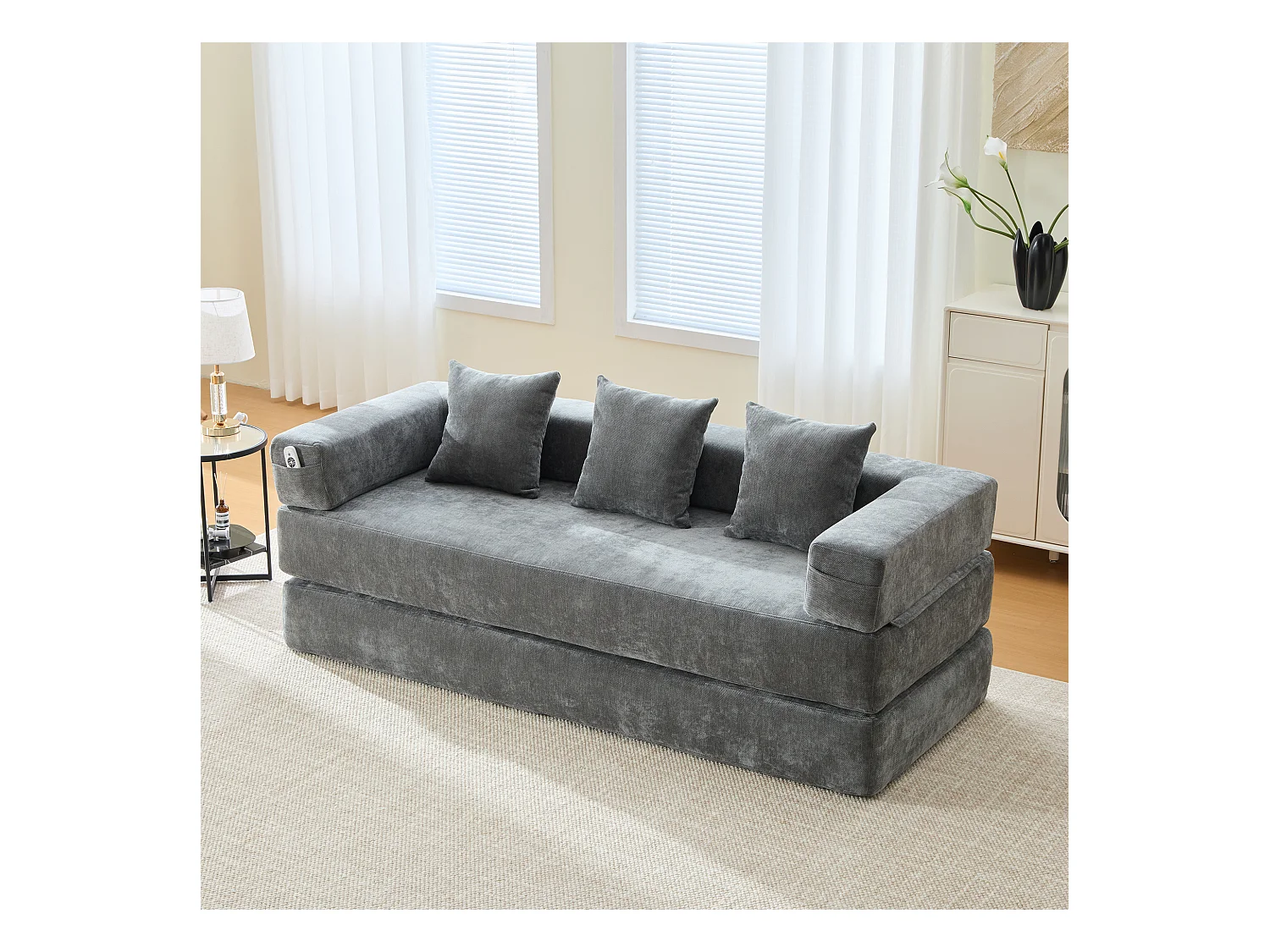 Canapé modulable à volonté - 198 x 79 x 60 cm - convertible - avec poches latérales - chenille - gris