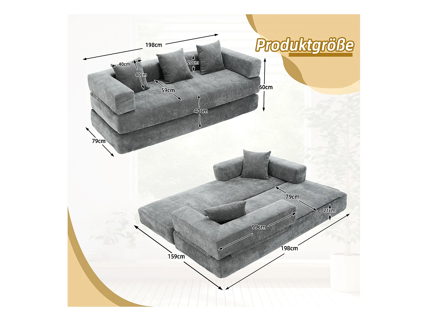 Canapé modulable à volonté - 198 x 79 x 60 cm - convertible - avec poches latérales - chenille - gris