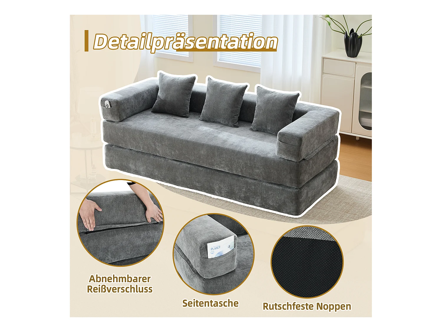 Canapé modulable à volonté - 198 x 79 x 60 cm - convertible - avec poches latérales - chenille - gris