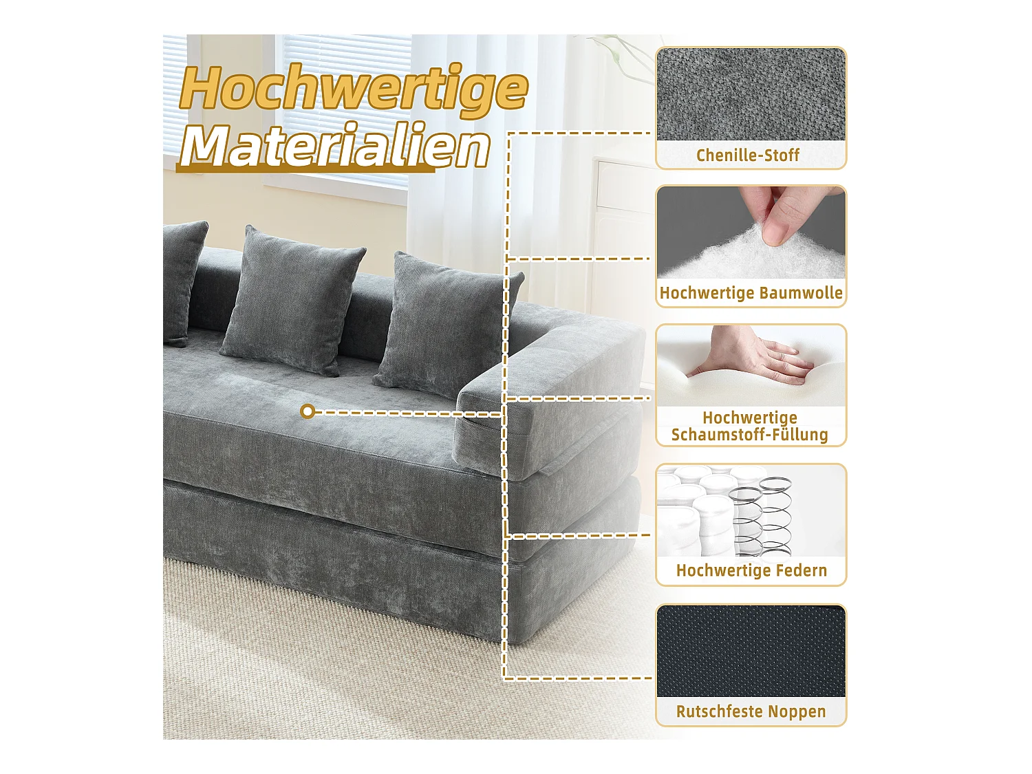 Canapé modulable à volonté - 198 x 79 x 60 cm - convertible - avec poches latérales - chenille - gris