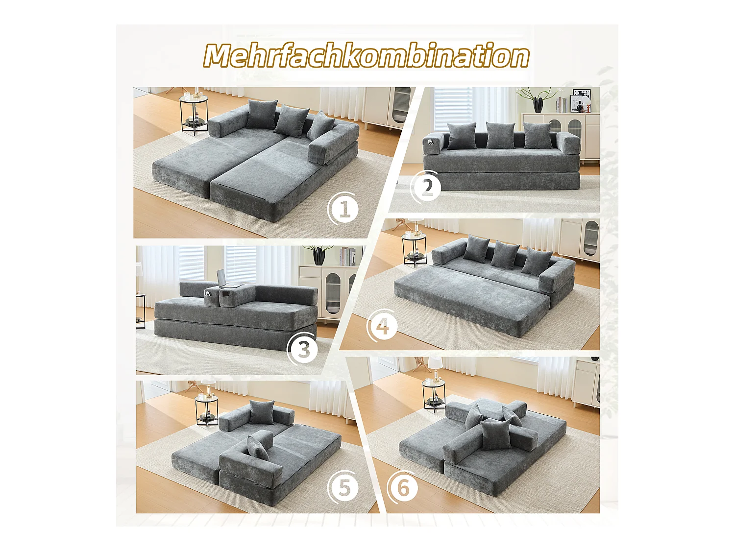 Canapé modulable à volonté - 198 x 79 x 60 cm - convertible - avec poches latérales - chenille - gris