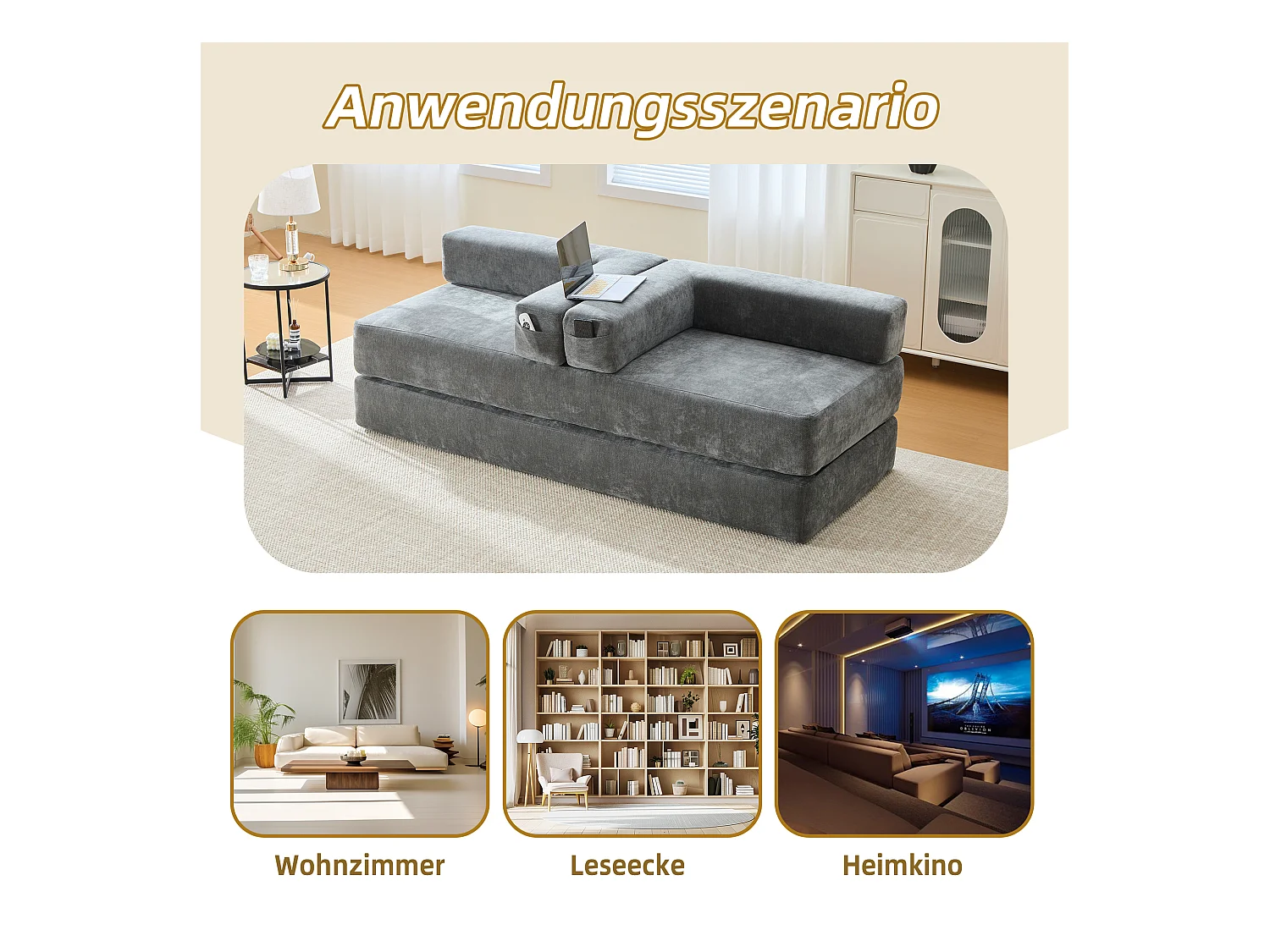 Canapé modulable à volonté - 198 x 79 x 60 cm - convertible - avec poches latérales - chenille - gris