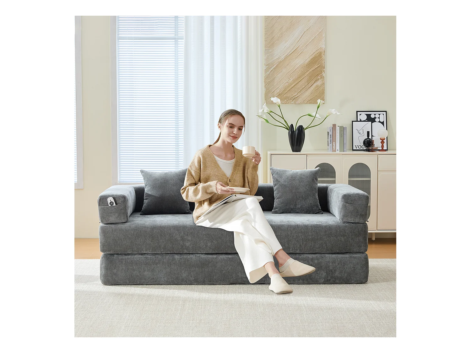 Canapé modulable à volonté - 198 x 79 x 60 cm - convertible - avec poches latérales - chenille - gris