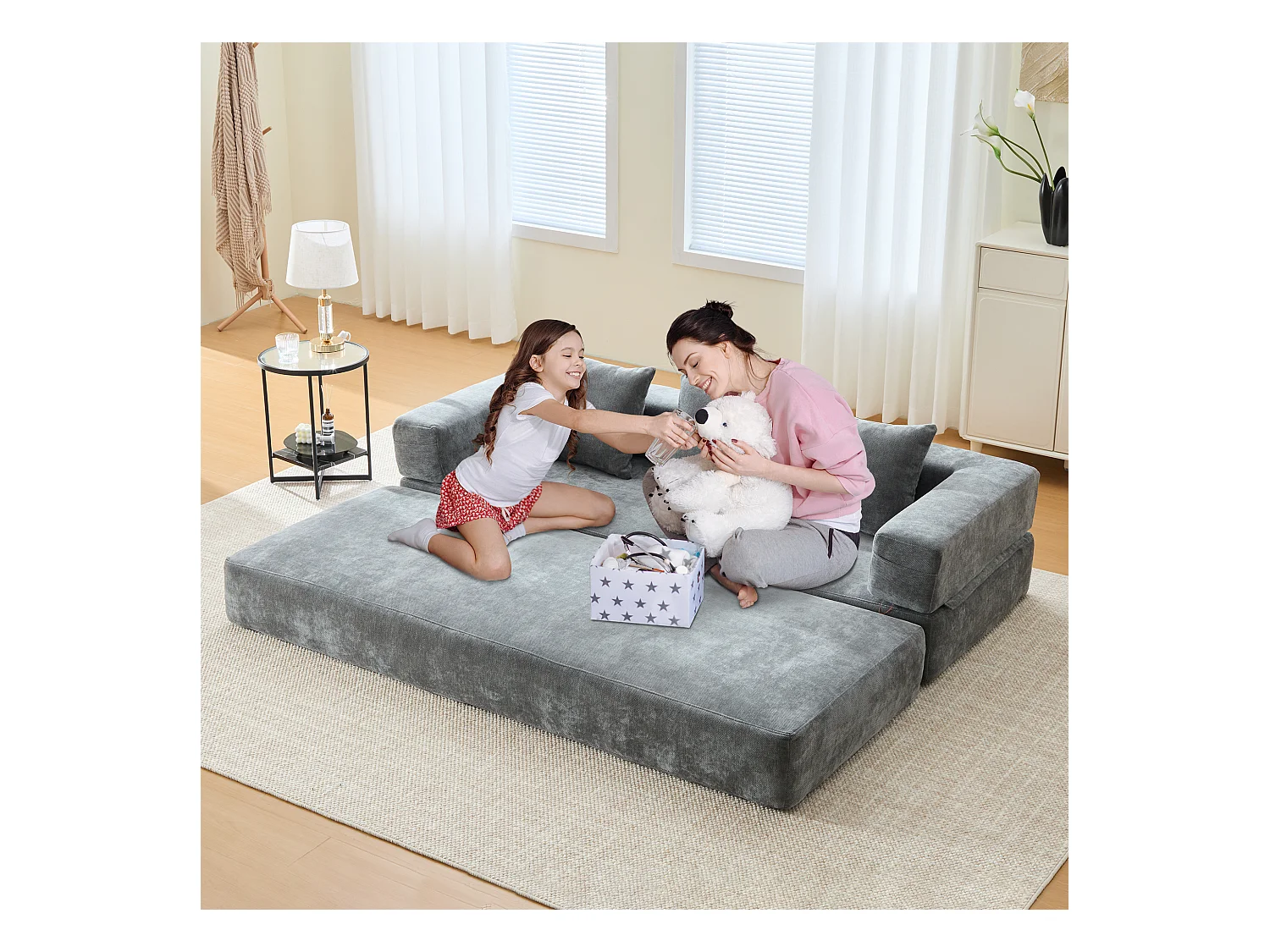 Canapé modulable à volonté - 198 x 79 x 60 cm - convertible - avec poches latérales - chenille - gris