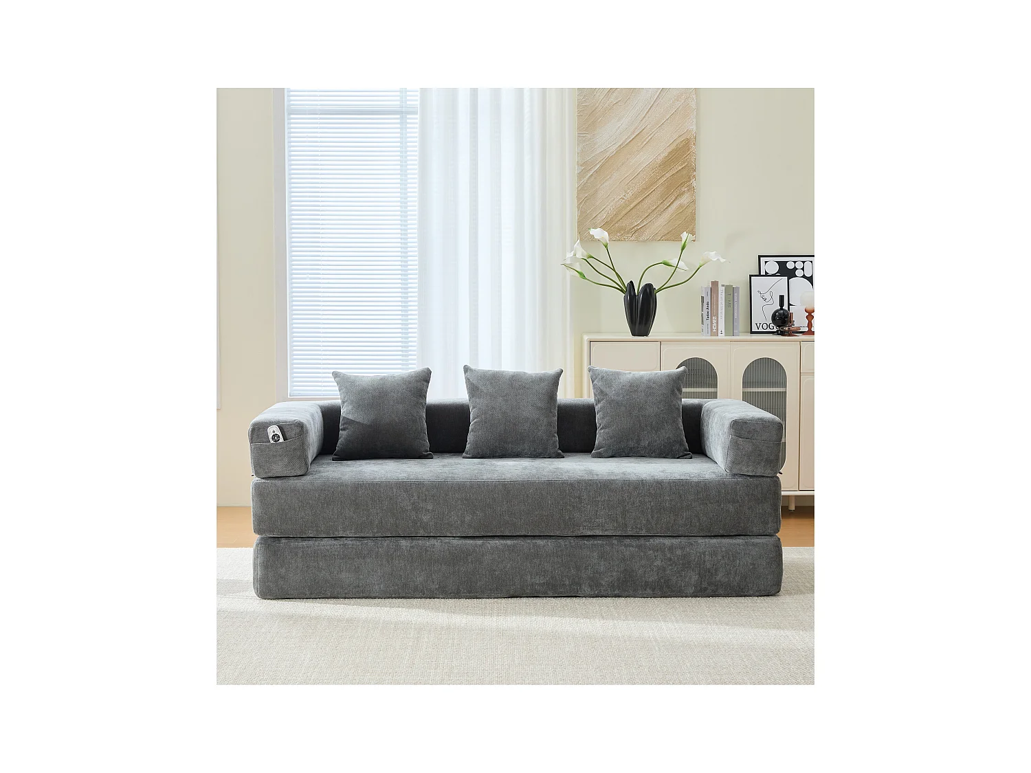 Canapé modulable à volonté - 198 x 79 x 60 cm - convertible - avec poches latérales - chenille - gris