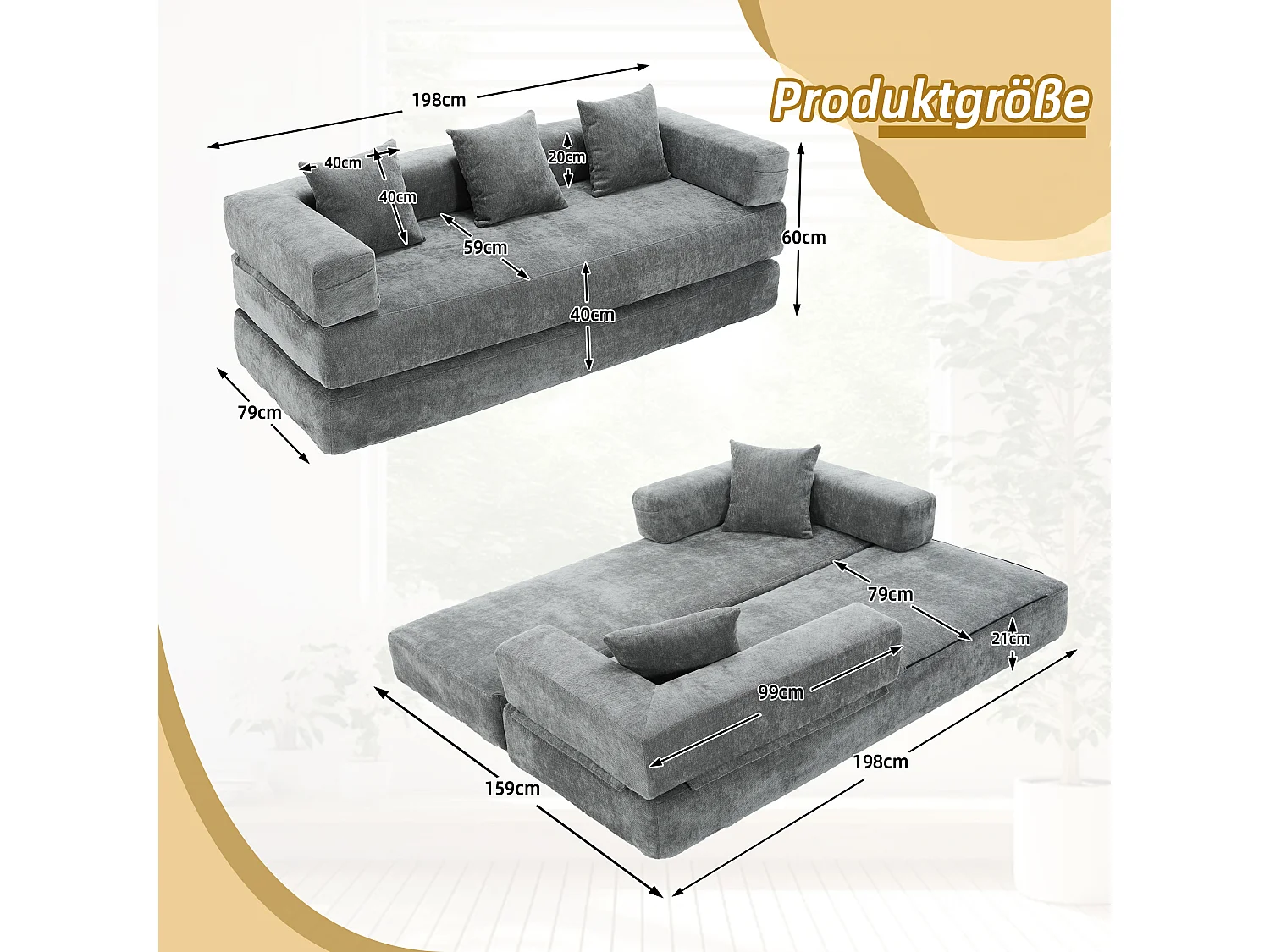 Modulaire bank - 198 x 79 x 60 cm - omvormbaar - met zijzakken - chenille - grijs