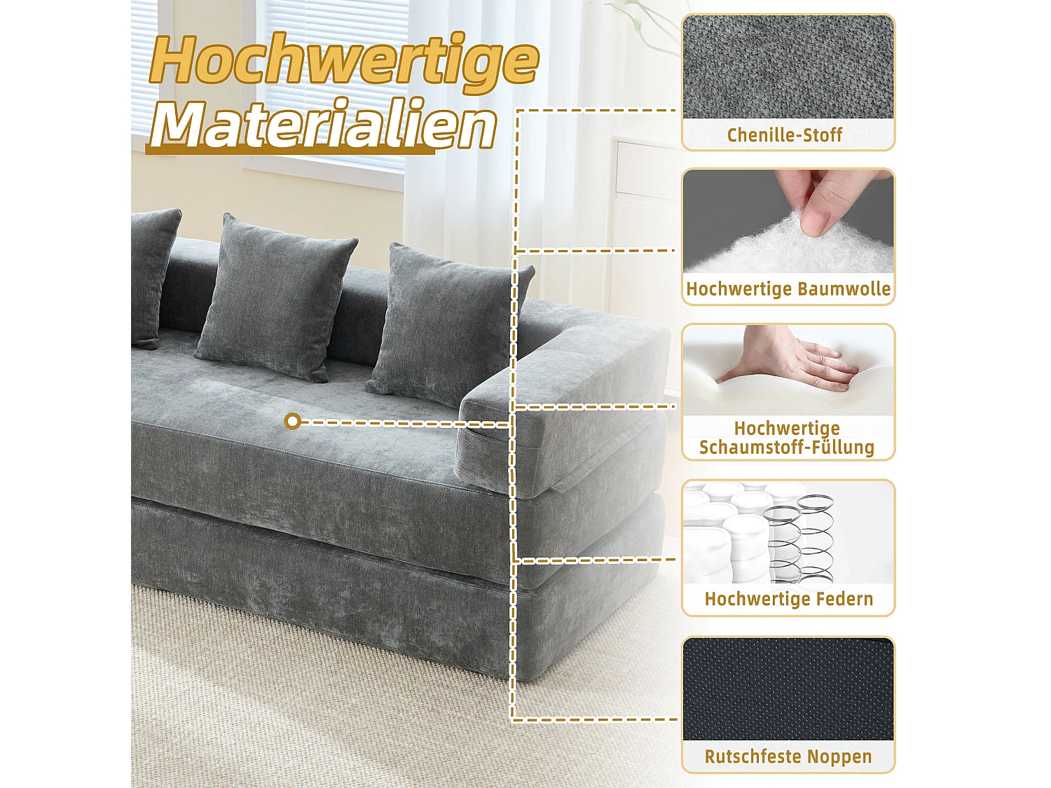 Modulaire bank - 198 x 79 x 60 cm - omvormbaar - met zijzakken - chenille - grijs