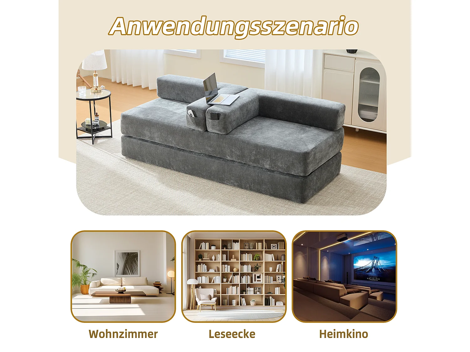 Modulaire bank - 198 x 79 x 60 cm - omvormbaar - met zijzakken - chenille - grijs