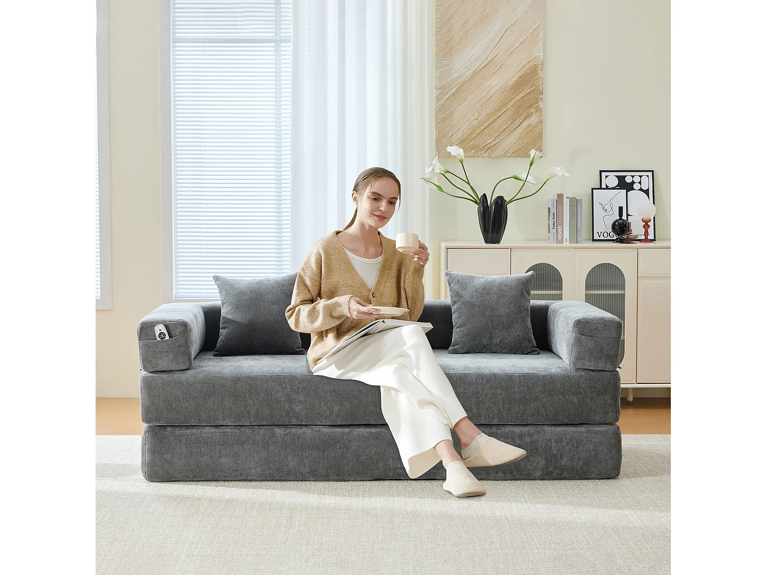 Modulaire bank - 198 x 79 x 60 cm - omvormbaar - met zijzakken - chenille - grijs