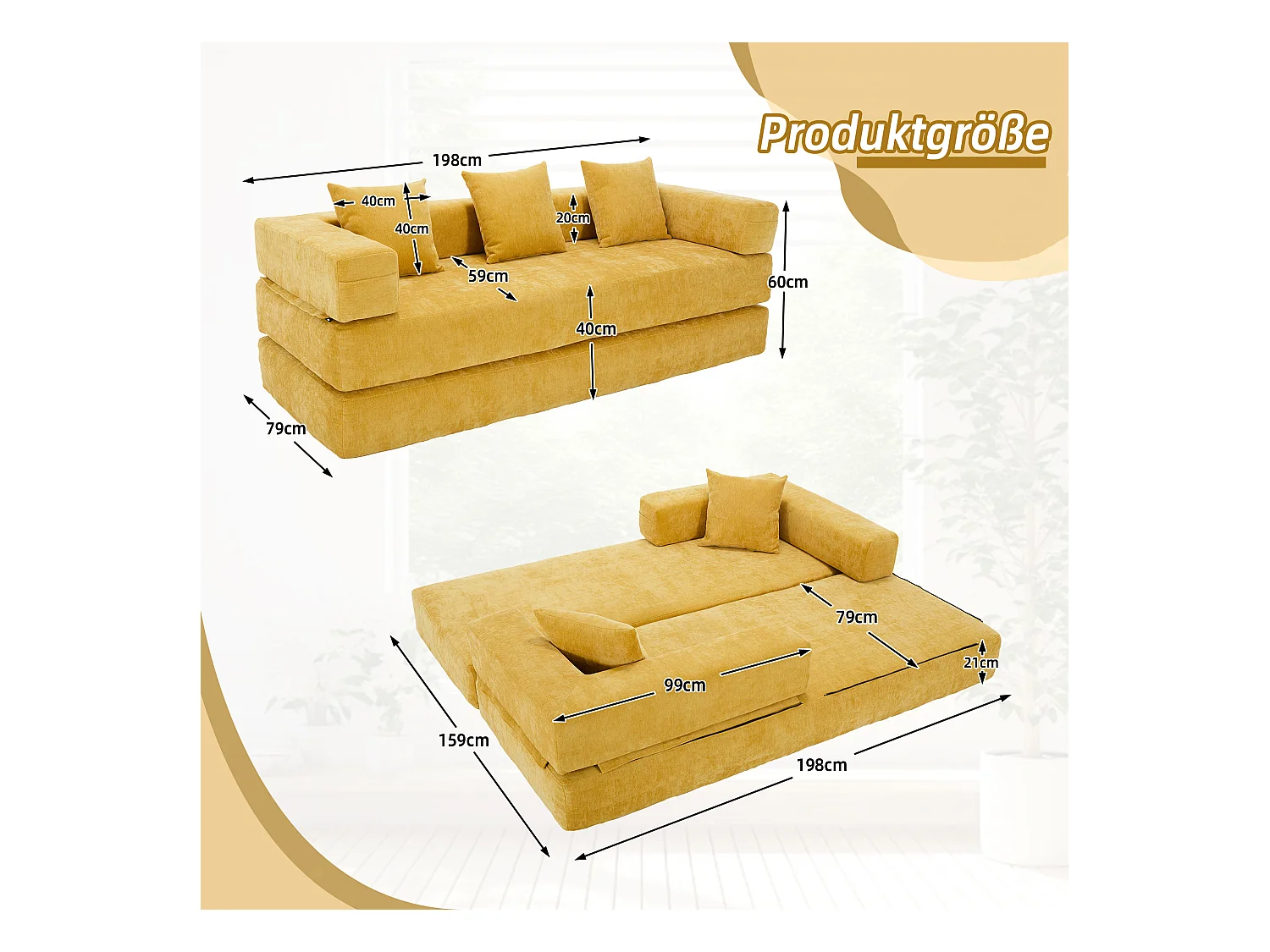Canapé modulable à volonté - 198 x 79 x 60 cm - convertible - avec poches latérales - chenille - jaune