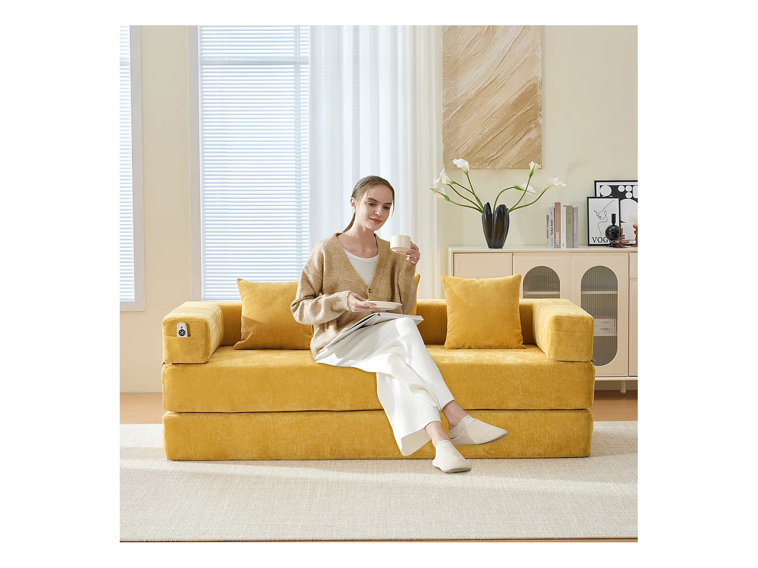 Canapé modulable à volonté - 198 x 79 x 60 cm - convertible - avec poches latérales - chenille - jaune