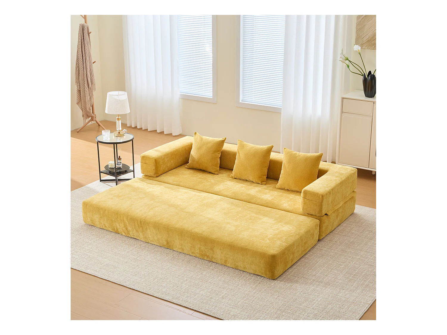 Canapé modulable à volonté - 198 x 79 x 60 cm - convertible - avec poches latérales - chenille - jaune