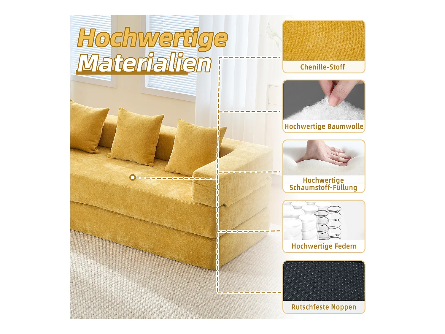 Canapé modulable à volonté - 198 x 79 x 60 cm - convertible - avec poches latérales - chenille - jaune