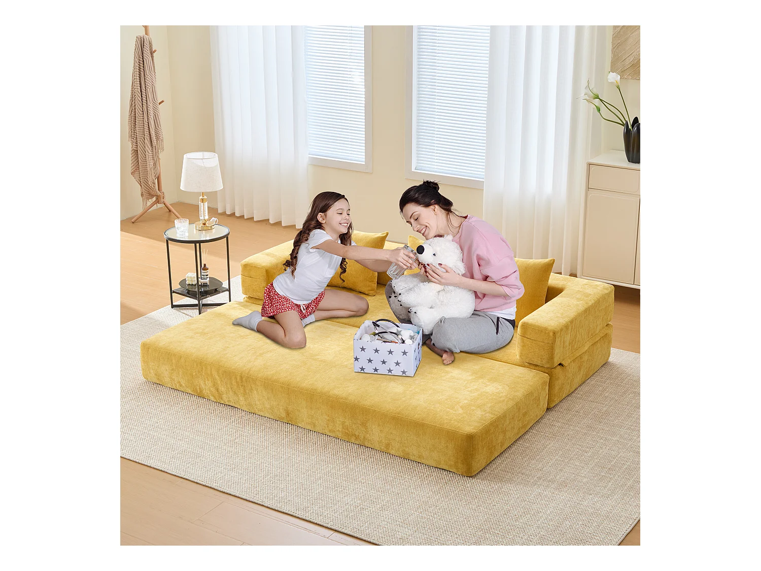 Canapé modulable à volonté - 198 x 79 x 60 cm - convertible - avec poches latérales - chenille - jaune