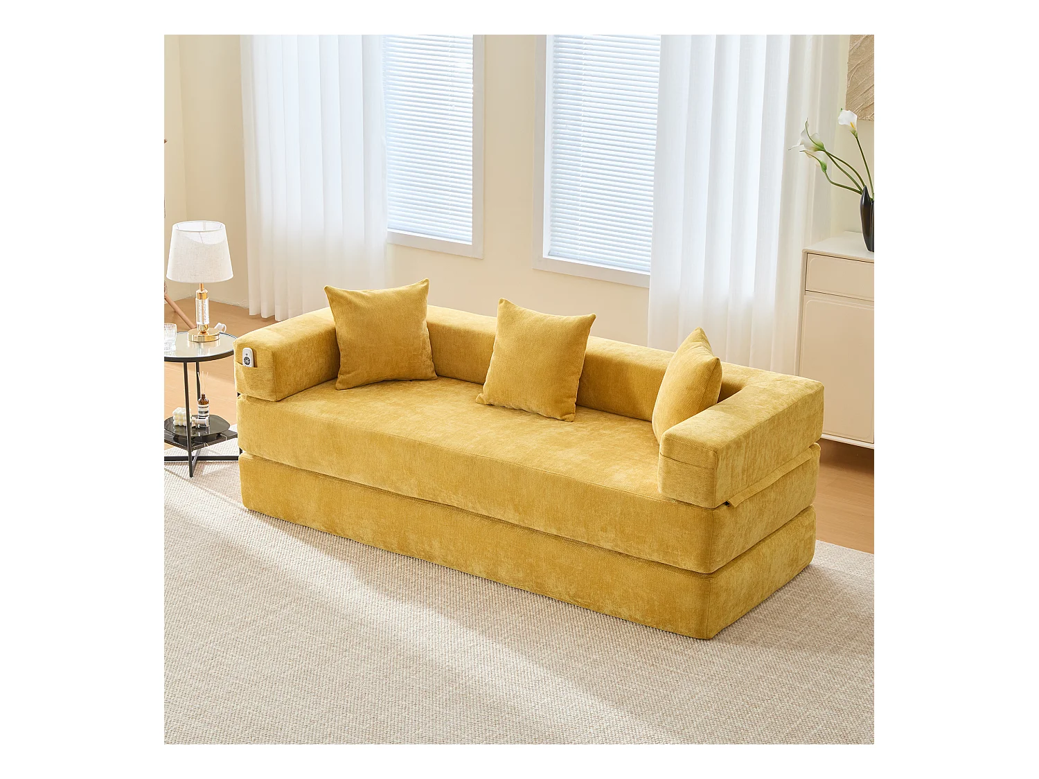Canapé modulable à volonté - 198 x 79 x 60 cm - convertible - avec poches latérales - chenille - jaune