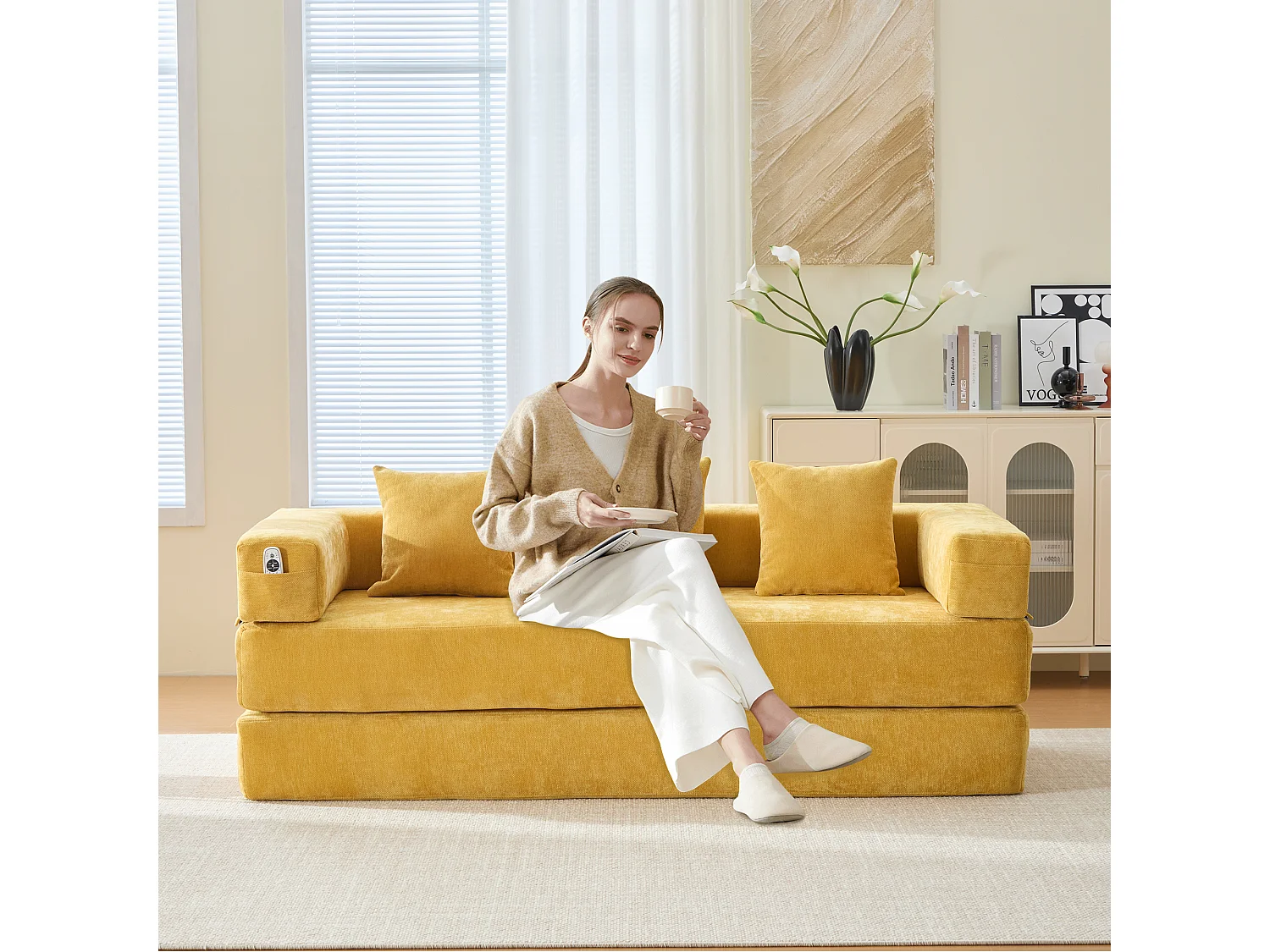 Canapé modulable à volonté - 198 x 79 x 60 cm - convertible - avec poches latérales - chenille - jaune