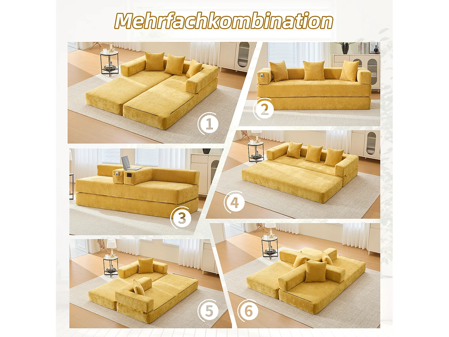 Canapé modulable à volonté - 198 x 79 x 60 cm - convertible - avec poches latérales - chenille - jaune