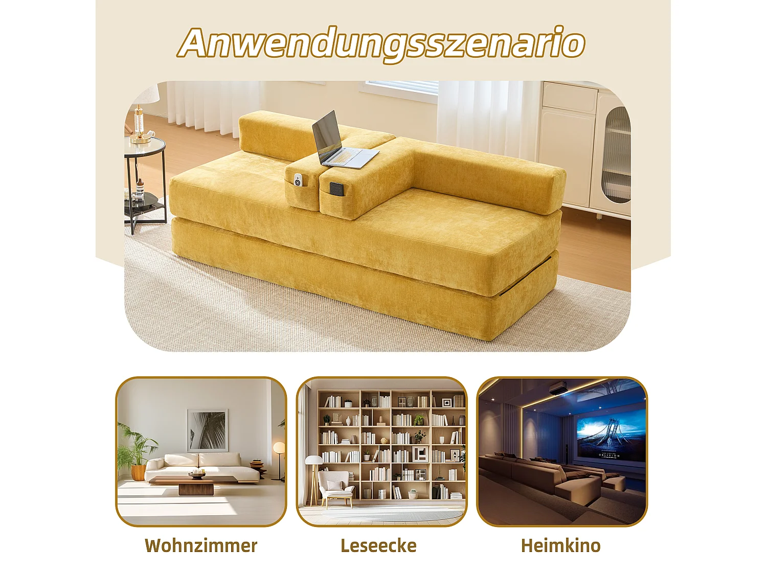 Canapé modulable à volonté - 198 x 79 x 60 cm - convertible - avec poches latérales - chenille - jaune