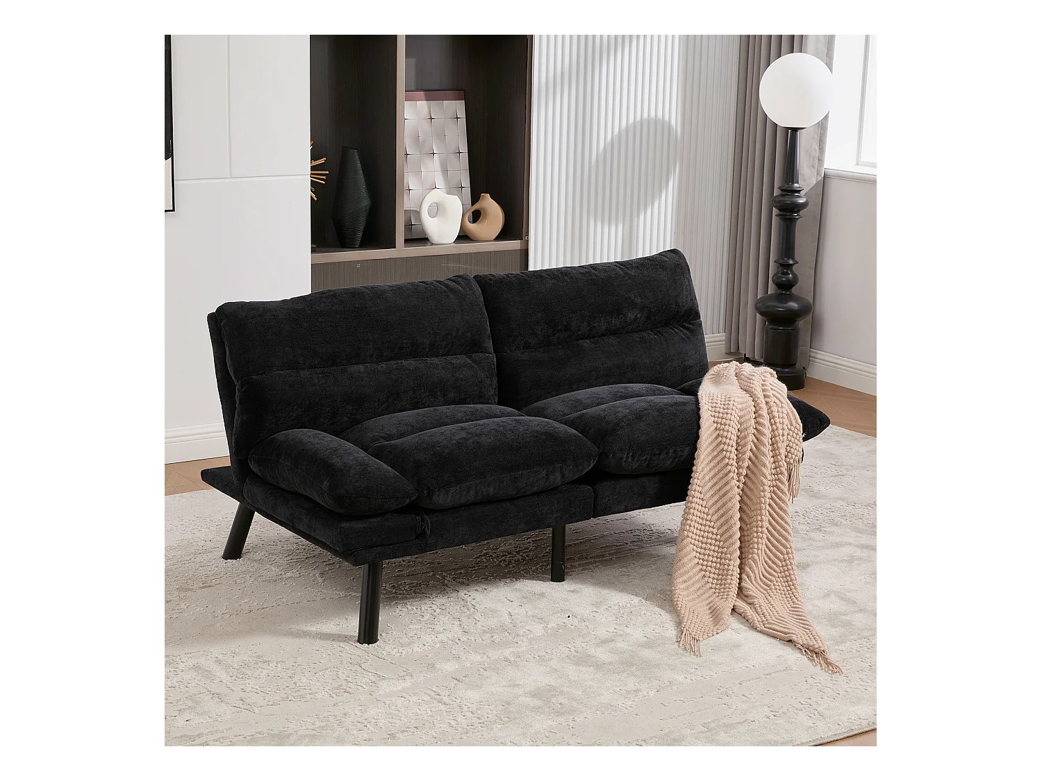 Canapé convertible 2 places - 165 x 90 x 76 cm - avec dossier et accoudoirs réglables - Microfibre - noir