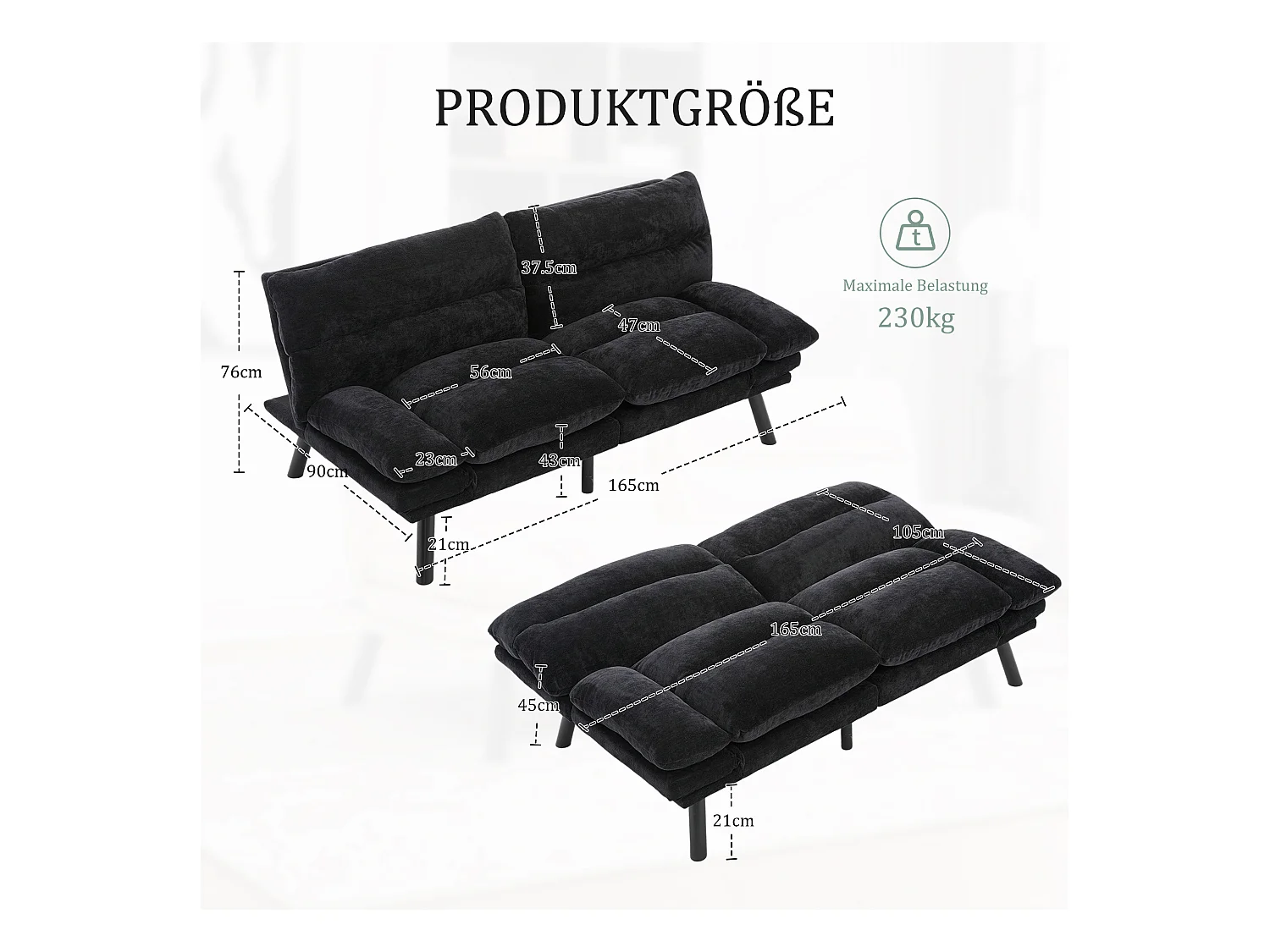 Canapé convertible 2 places - 165 x 90 x 76 cm - avec dossier et accoudoirs réglables - Microfibre - noir