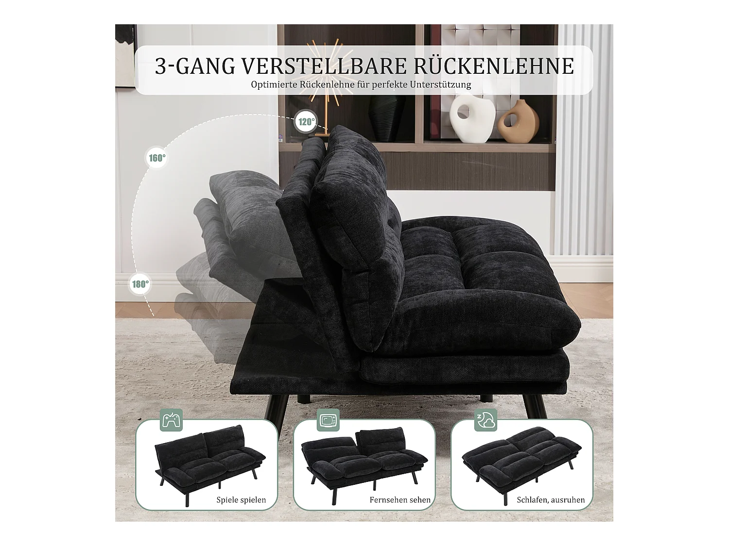 Canapé convertible 2 places - 165 x 90 x 76 cm - avec dossier et accoudoirs réglables - Microfibre - noir