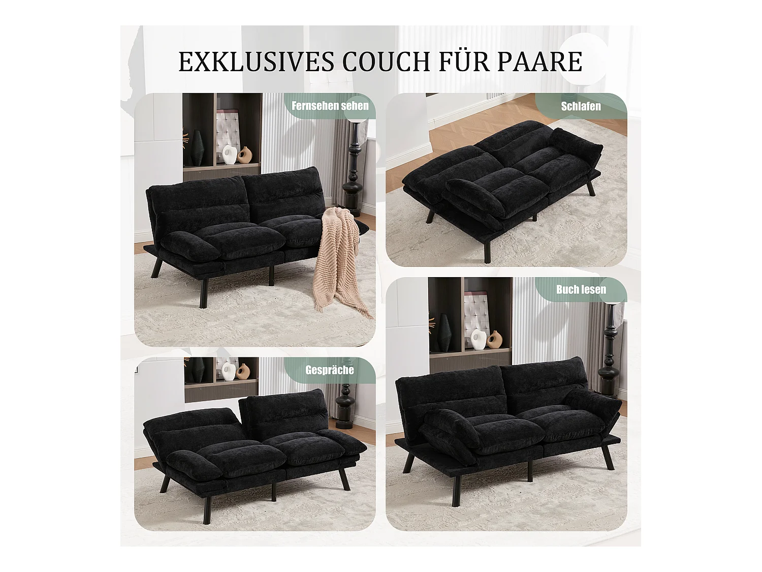 Canapé convertible 2 places - 165 x 90 x 76 cm - avec dossier et accoudoirs réglables - Microfibre - noir