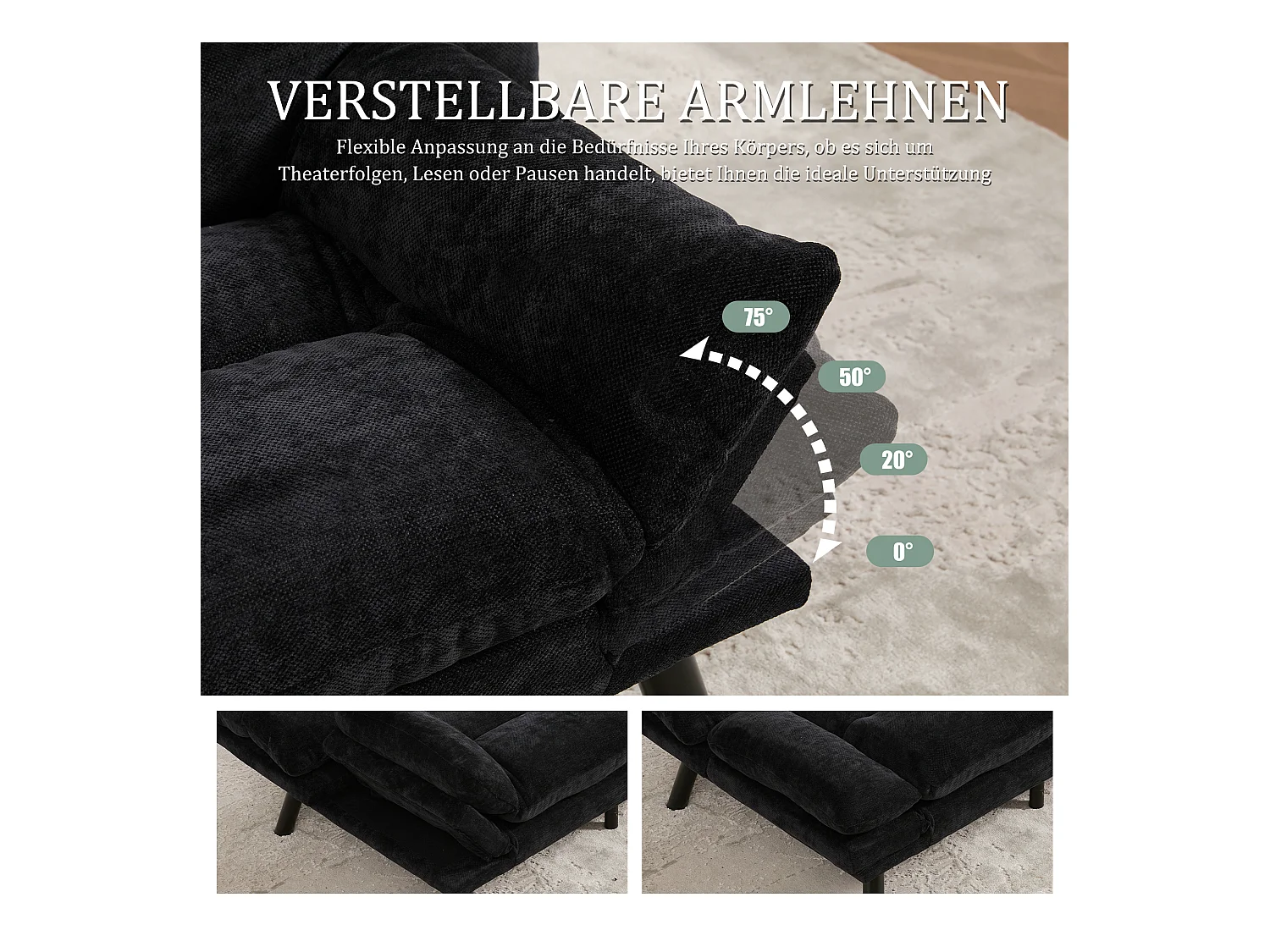 Canapé convertible 2 places - 165 x 90 x 76 cm - avec dossier et accoudoirs réglables - Microfibre - noir